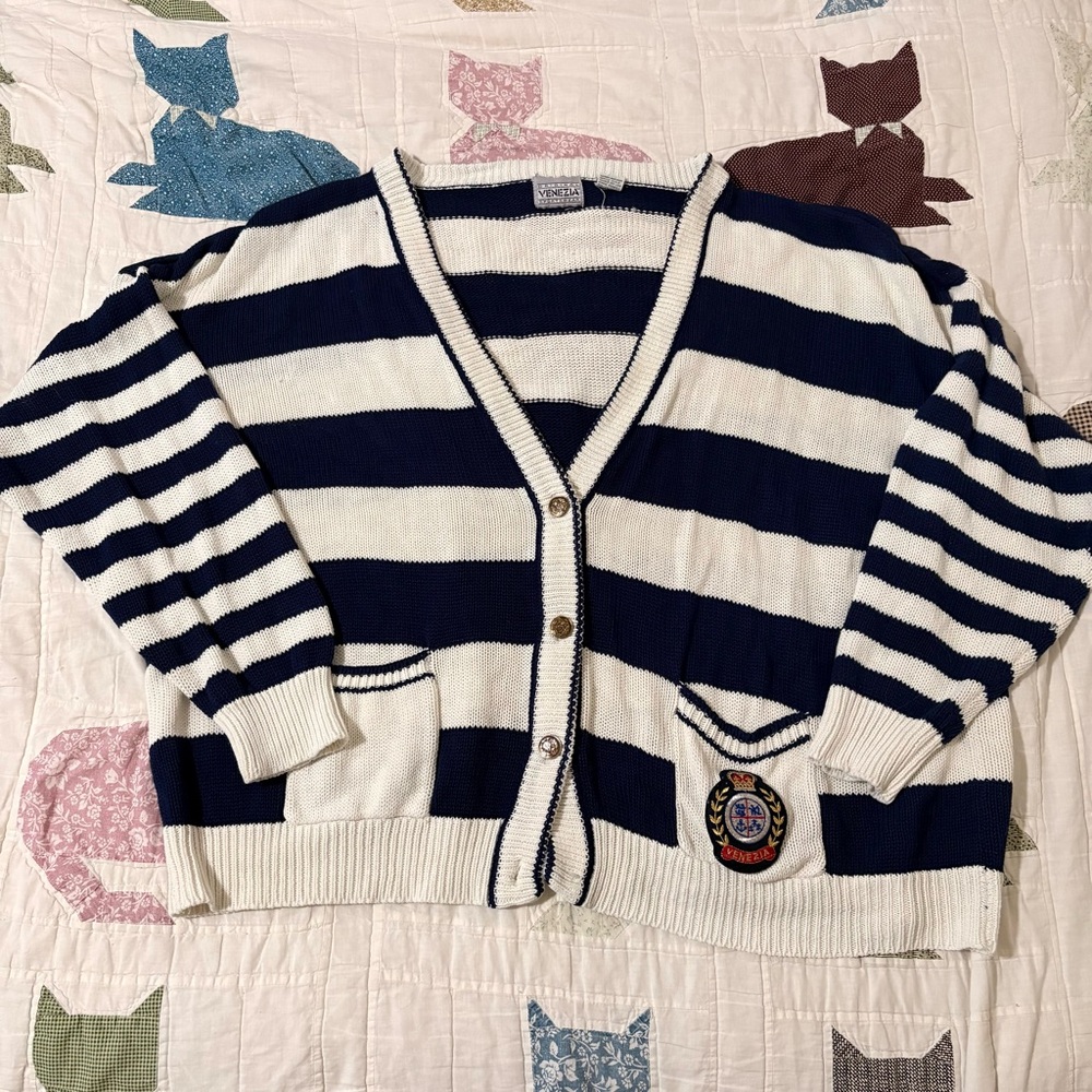 Vintage 90s Venezia Navy Blue & White Striped Button Up Oversized Cardigan 26/28